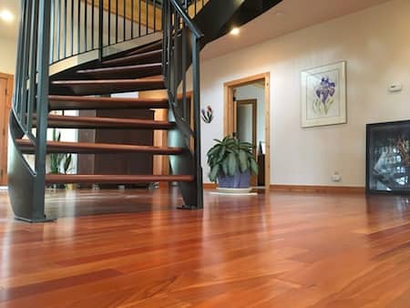 Cherry wood lor and spiral staircase with metal frame and cherry wood steps